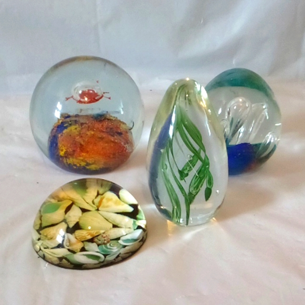 Glass nautical paperweights vintage shells, anemone, sea grass & reef